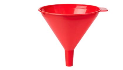 A bright red plastic funnel with a wide opening tapering down to a narrow spout designed for transferring liquids or powders.