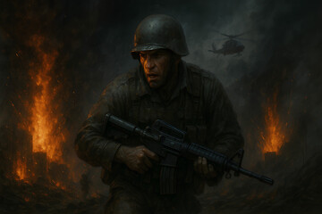 Fototapeta premium An armed soldier is depicted in an intense and dramatic battlefield atmosphere. Surrounded by fire, smoke, and destruction, he shows an expression full of tension and courage. 