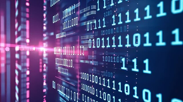 Dynamic Blue Binary Code Flowing On Digital Screen With Purple Highlights Representing Information and Technology
