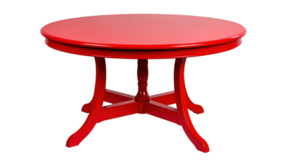 A round red wooden table with four curved legs connected by a central crossbeam for support.
