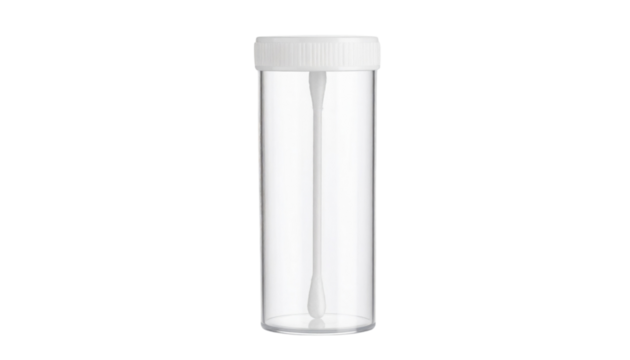 A clear plastic specimen container with a white screw-on lid and a cotton swab inside.
