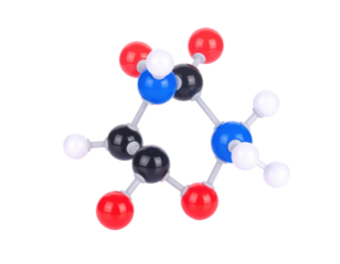 A colorful molecular model showing atoms connected by bonds, representing a chemical compound structure with spheres of different colors.