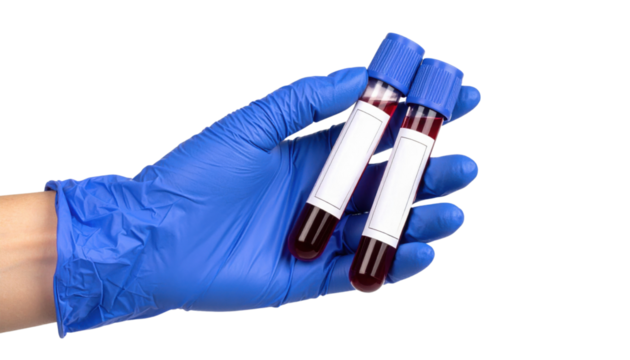 A gloved hand holds two blood sample tubes with blue caps and blank labels.
