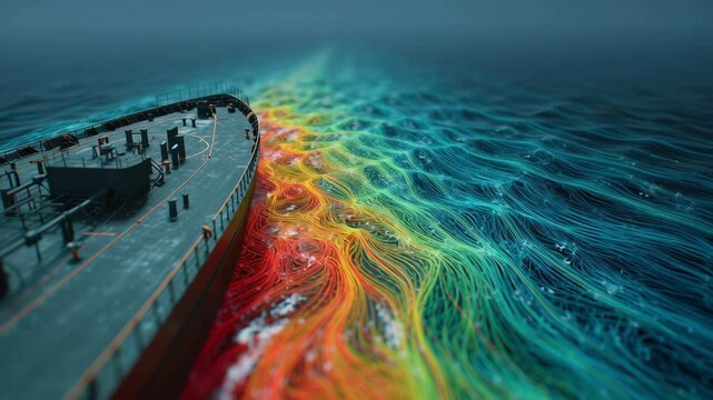 A closeup view of a ships bow interacting with simulated water currents emphasizing the pressure distribution and resistance forces illustrated through a gradient color map that highlights
