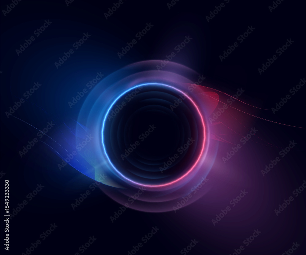 Poster circle of blue-violet glow with smooth wavy transitions on dark background. suitable for interfaces,