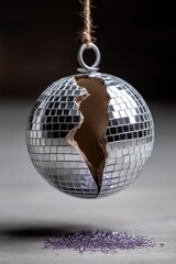 Cracked disco ball with glitter spill on gray surface