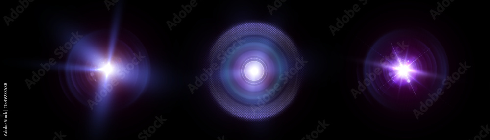 Poster purple flashes of light with concentric halos and highlights. three flashes of light with purple glo