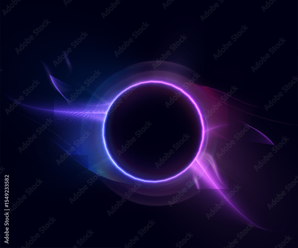 Poster Circle of blue-violet glow with smooth wavy transitions on dark background. Suitable for interfaces, sci-fi visualization effects, portals, swirls, frames. Vector