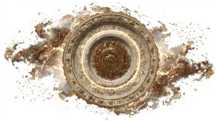 Ancient spell portal with golden runes, swirling fire-like energy, white background