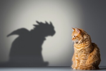 Ginger cat meme with dragon shadow cast on wall in dramatic lighting