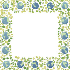 Nature-Inspired Border with Planet Earth Illustrations Surrounded by Greenery, Perfect for Eco-Friendly Designs and Environmental Projects