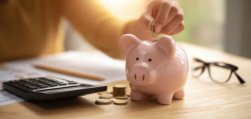 The piggy bank being filled with coins for future savings and financial security.