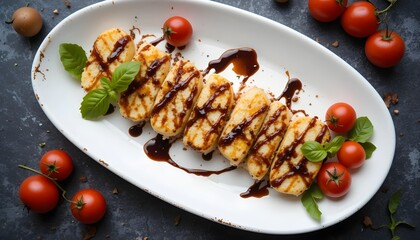 Grilled halloumi slices on a white plate, drizzled with balsamic glaze, cherry tomatoes and basil garnish, 