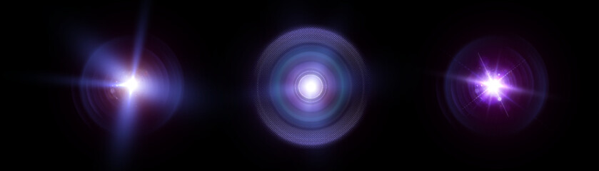 Purple flashes of light with concentric halos and highlights. Three flashes of light with purple glow and halos on a black background.