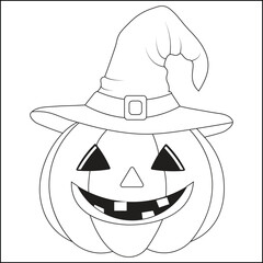 Cute Smiling Halloween Pumpkin with Witch Hat  Line Art Illustration coloring page