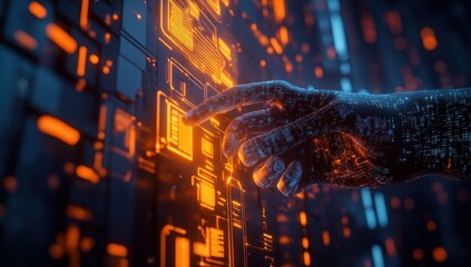 Digital Hand Interacting with Futuristic Interface
