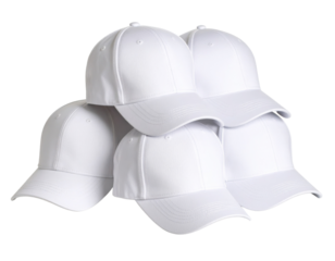 A stack of five white baseball caps arranged in a pyramid formation with clean, smooth fabric and curved brims.