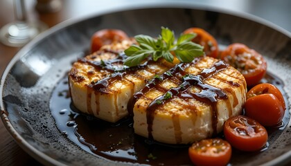 alloumi cheese grilled to perfection, paired with roasted tomatoes and a glossy balsamic glaze, 