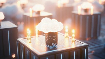 Abstract representation of cloud computing infrastructure, with glowing pink clouds atop dark metallic server cubes - Powered by Adobe