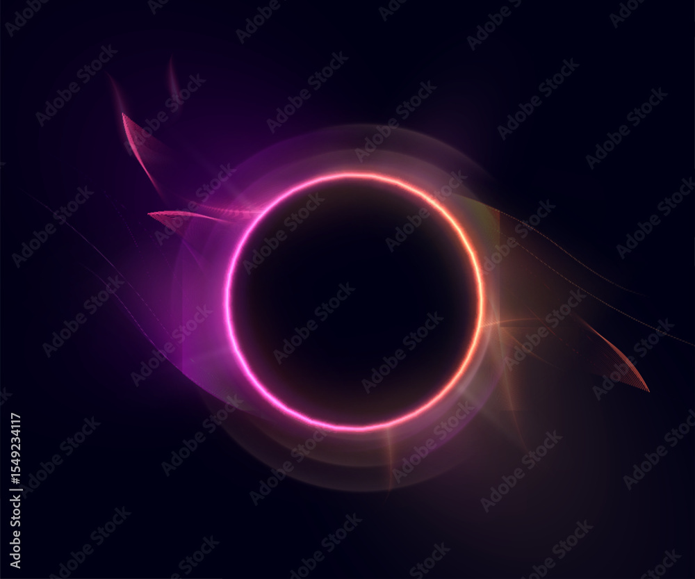 Poster abstract glowing ring with pink and gold light lines on dark background. suitable for digital techno