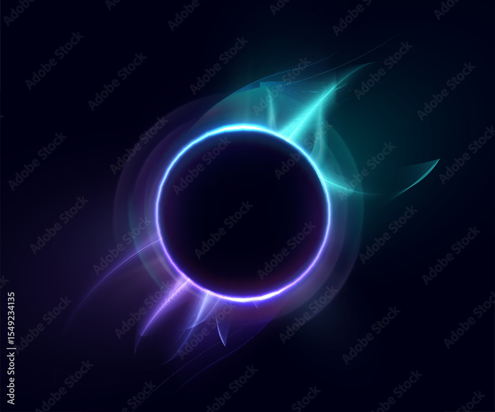 Aufkleber Glowing circular eclipse shape with blue and violet abstract light trails on dark background. Perfect for sci-fi concepts, energy design, HUD elements and digital effects.