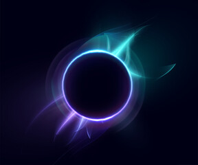 Glowing circular eclipse shape with blue and violet abstract light trails on dark background. Perfect for sci-fi concepts, energy design, HUD elements and digital effects.