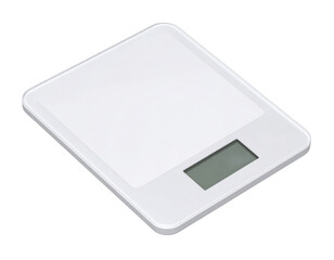 A sleek white digital kitchen scale with a rectangular weighing platform and an LCD display for precise measurements.