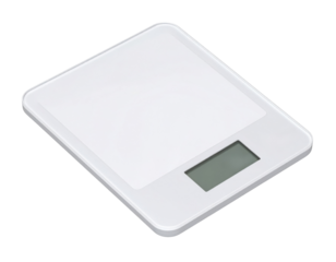 A sleek white digital kitchen scale with a rectangular weighing platform and an LCD display for precise measurements.