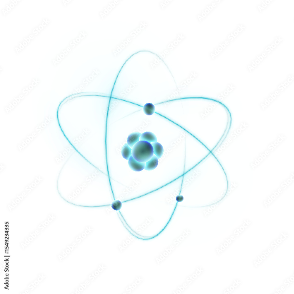 Poster 3d model of atom with bright electron orbits on white background. scientific symbol for projects on 