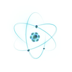 3D model of atom with bright electron orbits on white background. Scientific symbol for projects on physics, nanotechnology, education and chemistry. Vector