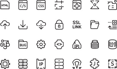 A vector icon set for web design with symbols for business, finance, and media