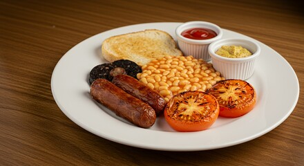 Indulge in a hearty full English breakfast featuring succulent sausages, baked beans, grilled tomatoes, and crispy toast, all served on a pristine white plate.