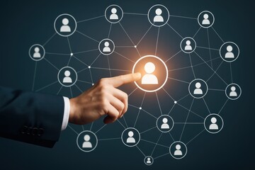 A hand points to a highlighted person in a network graphic.