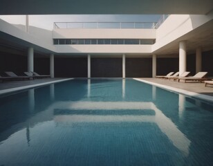 Piscina interna moderna con soffitto trasparente e linee minimal.