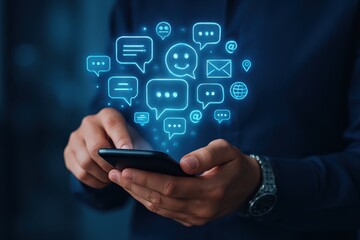 Person using a smartphone with digital communication icons.