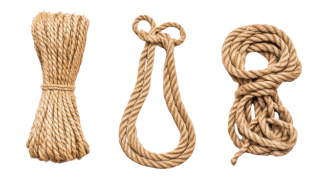 Strong rope with tight knot and textured fibers isolated on white background
