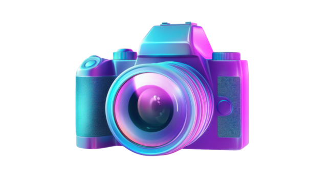 Modern digital camera with lens and buttons isolated on white background