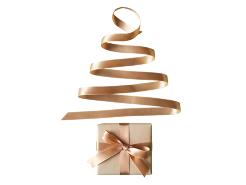 Elegant Gold Ribbon Christmas Tree Design Festive Gift Concept isolated on transparent background