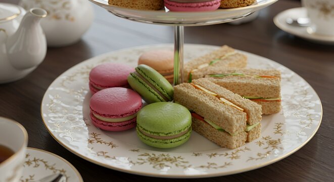 Delightful Afternoon Tea: A delectable spread of colorful macarons and delicate cucumber sandwiches awaits on a charming tiered cake stand, promising a refined and elegant experience.