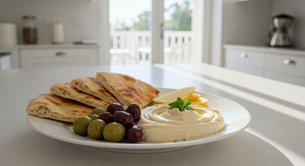 Mediterranean Hummus Platter with Pita Bread, Olives, and Lemon, Bathed in Sunlight