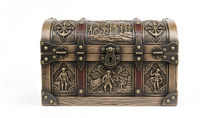A centered decorative pirate treasure chest with closed lid, clean white backdrop