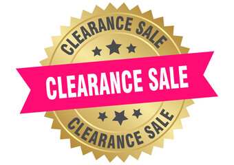 clearance sale. clearance sale round pink and gold label isolated on transparent background