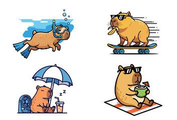 Summer activities of capybaras including sunbathing, surfing, eating ice cream and relaxing.