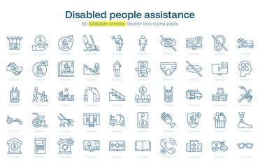 Disabled people assistance line icon pack. Disabled people assistance Stroke icon set. Editable Stroke icon