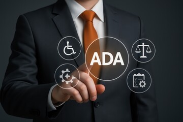 Businessperson interacting with ADA-related information displayed on a transparent interface.