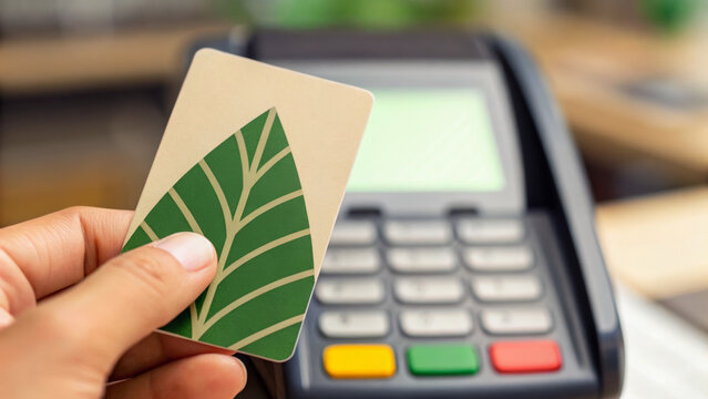 Renewable energy investment. Eco friendly credit card with green leaf design held. Finance sustainable, Eco-friendly clean climate change - Powered by Adobe