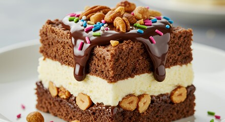 Decadent Chocolate Brownie Ice Cream Cake Drizzled with Rich Ganache and Topped with Colorful Sprinkles and Nuts