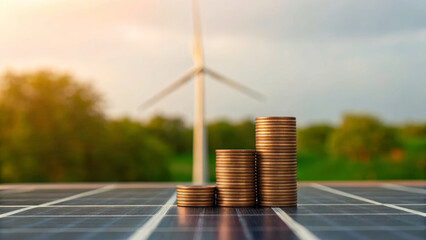 Renewable energy investment. Stacked coin solar panel wind turbine renewable. Finance sustainable, Eco-friendly clean climate change