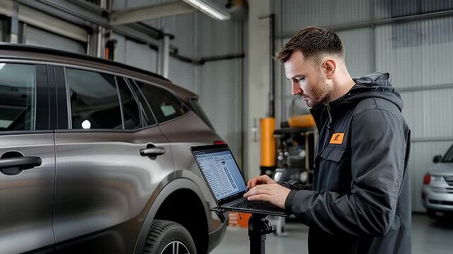 Focused Technician Examining Vehicle Diagnostics on Laptop in a Bright Workshop Setting