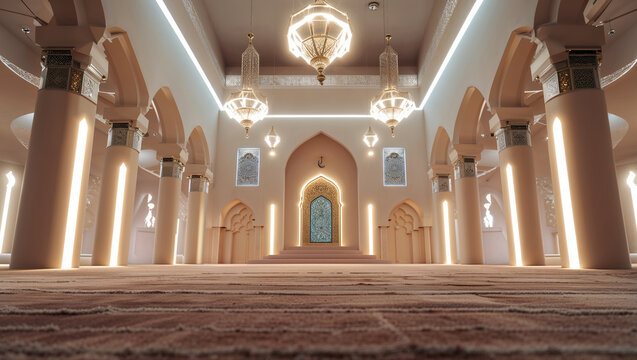 Elegant interior of a grand mosque featuring arches columns and decorative lighting